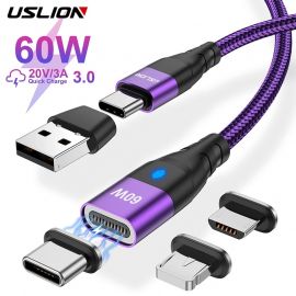USLION 60W PD Fast Charger Cable USB C To Type C Micro Magnetic Data Cord 3A USB Cable