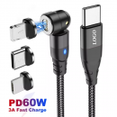 USLION PD60W 540 Rotate 3 IN 1 USB Cable Type C Magnetic Cable Charger Charging Data Cable